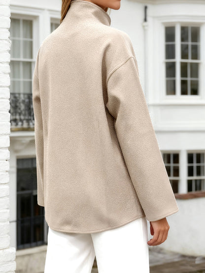 Elegant Wool High Pea Coat for Women with Stand Collar Long Sleeve Double Breasted Cropped Style