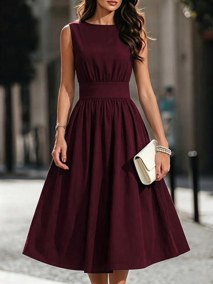 Refined Semi Formal Dress for Women with Round Neck Sleeveless Shirred Waist Fit and Flare Midi Party Style