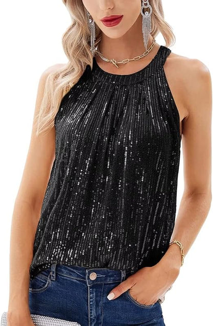 Elegant Black Sequin Halter Top for Women with Keyhole Back Sleeveless Sparkle Formal Party Style