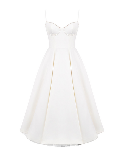 Elegant Bustier Midi Dress for Women with Sweetheart Neckline Spaghetti Strap Tulle Hem Flowing Style