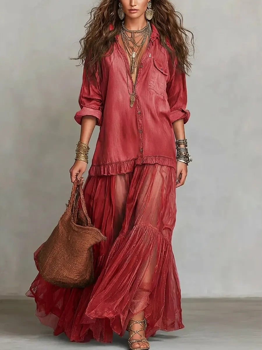 Effortless Maxi Dress for Women with Button-Front Shirt Collar Sheer Tiered Skirt