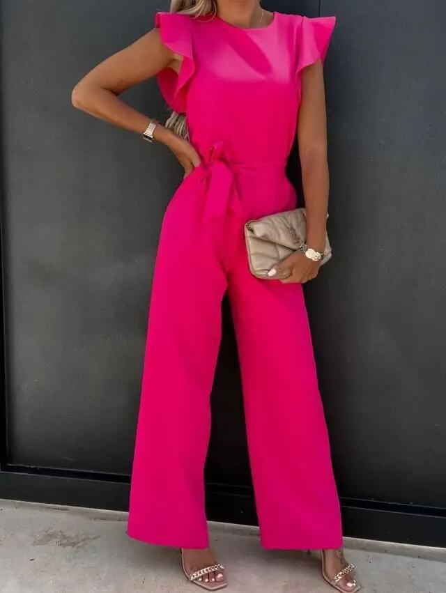 Elegant Ruffle Sleeve Jumpsuit for Women with Round Neck Belted Wide Leg Flowing Style