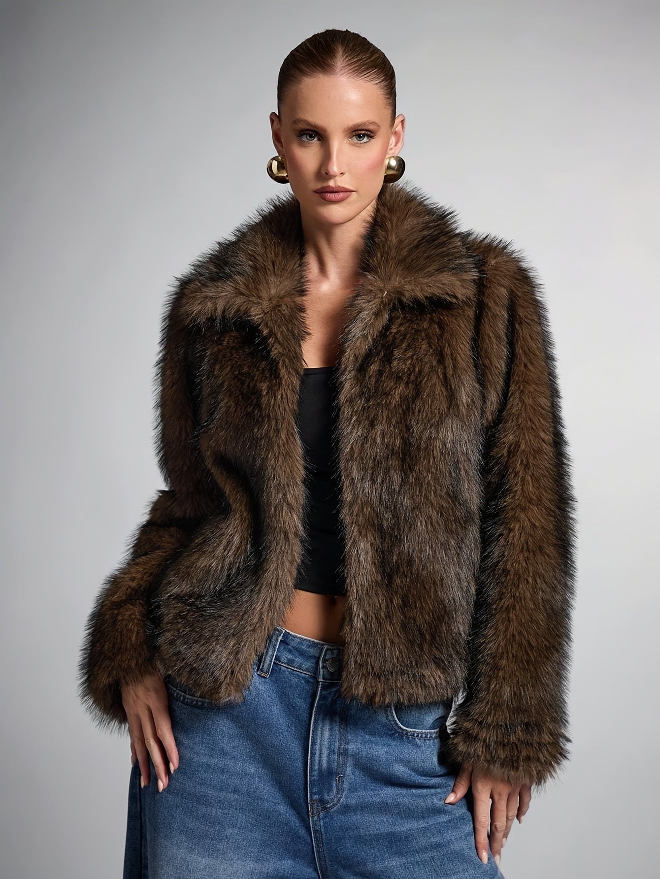 Elegant Bronze Fur Coat for Women with Notch Collar Long Sleeve Cropped Open Front Style