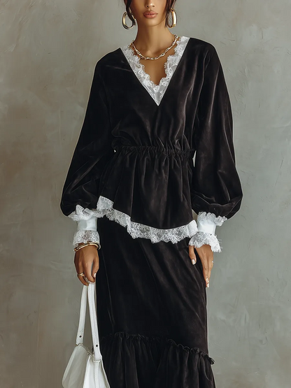 Elegant Black Velvet Peplum Top for Women with V Neck Long Sleeve Lace Trim Ruffle Style