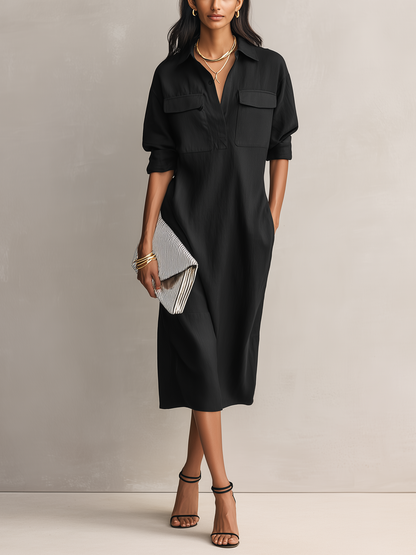 Effortless Black Shirt Dress for Women with Collar V Neck Chest Pockets Elbow Sleeve Linen Casual Midi Style