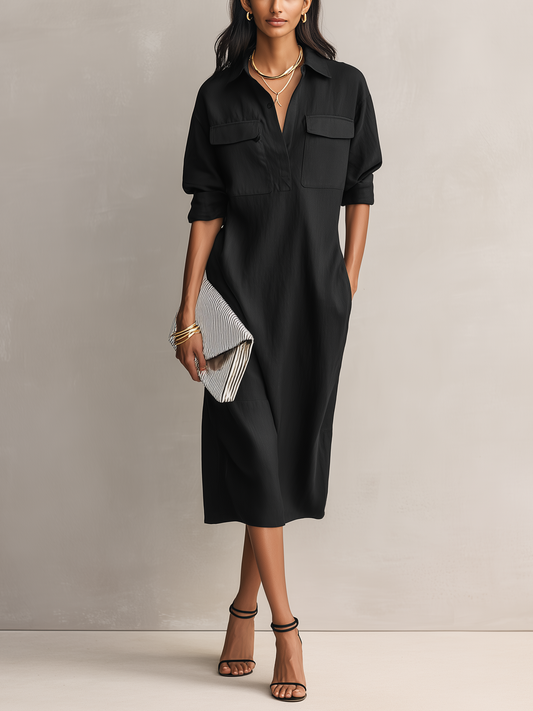 Effortless Black Shirt Dress for Women with Collar V Neck Chest Pockets Elbow Sleeve Linen Casual Midi Style