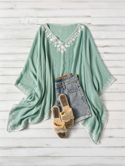 Effortless Poncho Shirt for Women with V Neck Embroidered Trim Draped Batwing Style