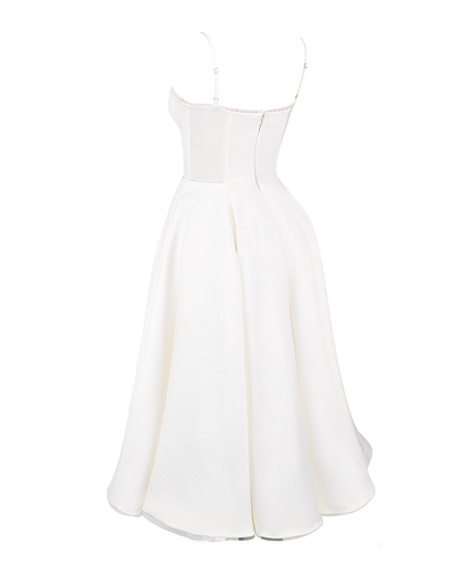Elegant Bustier Midi Dress for Women with Sweetheart Neckline Spaghetti Strap Tulle Hem Flowing Style