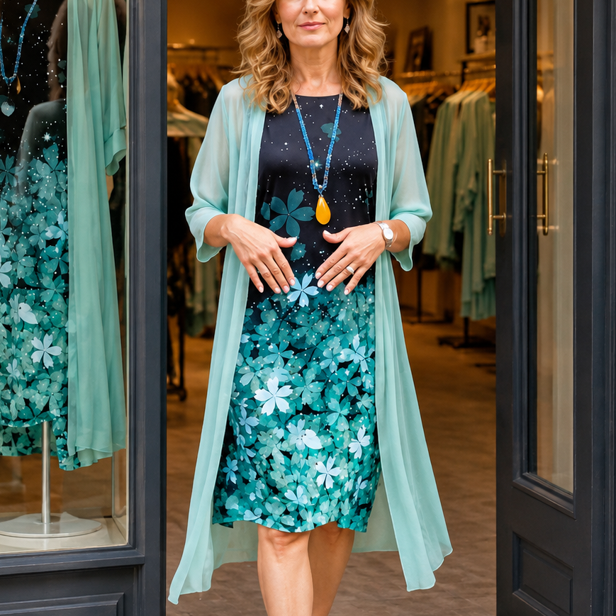 Elegant Floral Two Piece Set for Women with Open Front Chiffon Duster Sheath Dress Fall Wedding Guest Style