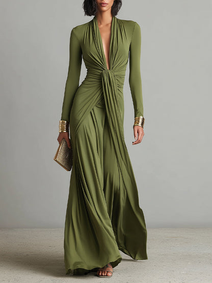 Elegant Green Dress for Women with Deep V Neck Twist Knot Waist Long Sleeve Ruched Formal Wedding Guest Style