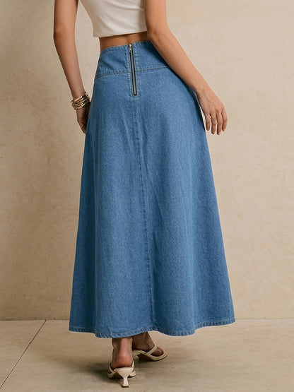 Effortless Blue Denim Maxi Skirt for Women with Tie Waist A Line Flowing Style