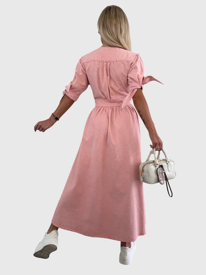 Effortless Denim Midi Dress for Women with V-Neck Button Front Elbow Sleeve Casual Style