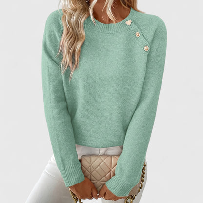Comfortable Ribbed Knit Sweatshirt for Women with Crew Neck Long Sleeve Pearl Button Detail Style