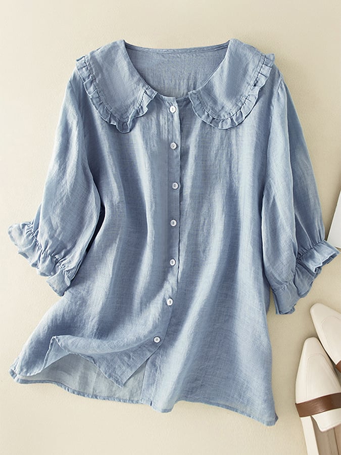 Effortless Linen Ruffle Shirt for Women with Peter Pan Collar Elbow Sleeve Button Front Relaxed Style