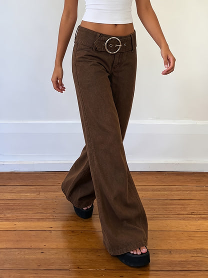 Effortless Dark Brown Buckle Jeans for Women with Low Rise Wide Leg Belted Relaxed Style