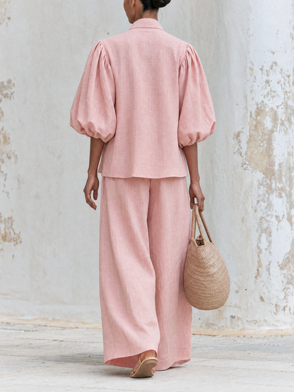 Elegant Pink Linen Pants for Women with Tie Neck Balloon Sleeve Wide Leg Relaxed Style
