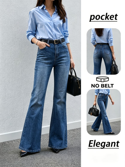 Elegant Medium Blue High Waisted Jeans for Women with Flare Leg Back Pocket Relaxed Casual Style