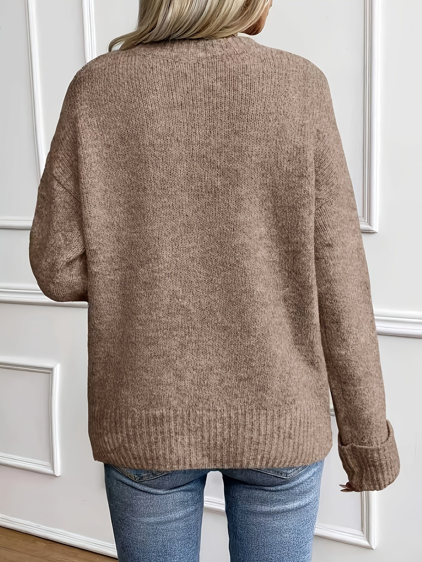 Comfortable Khaki Knit Sweater for Women with Crew Neck Long Sleeve Relaxed Oversized Style