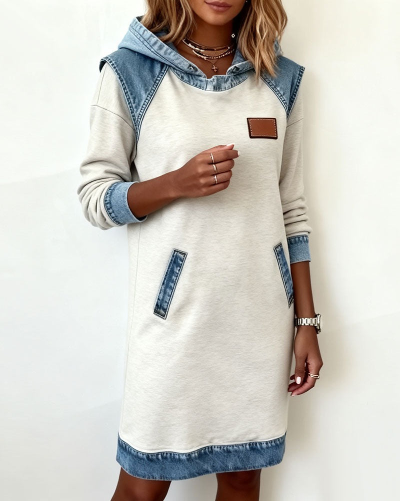 Effortless Colorblock Denim Dress for Women with Hooded Long Sleeve Raglan Pocket Casual Style