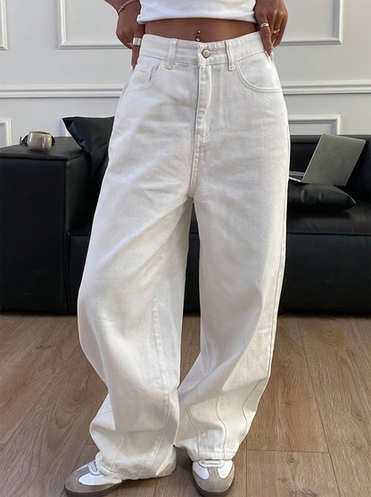 Effortless White Jeans for Women with High Waist Wide Leg Button Front Relaxed Style