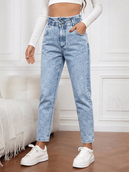 Effortless Blue Acid Wash Mom Jeans for Women with Paperbag Waist Button Front Tapered Relaxed Style