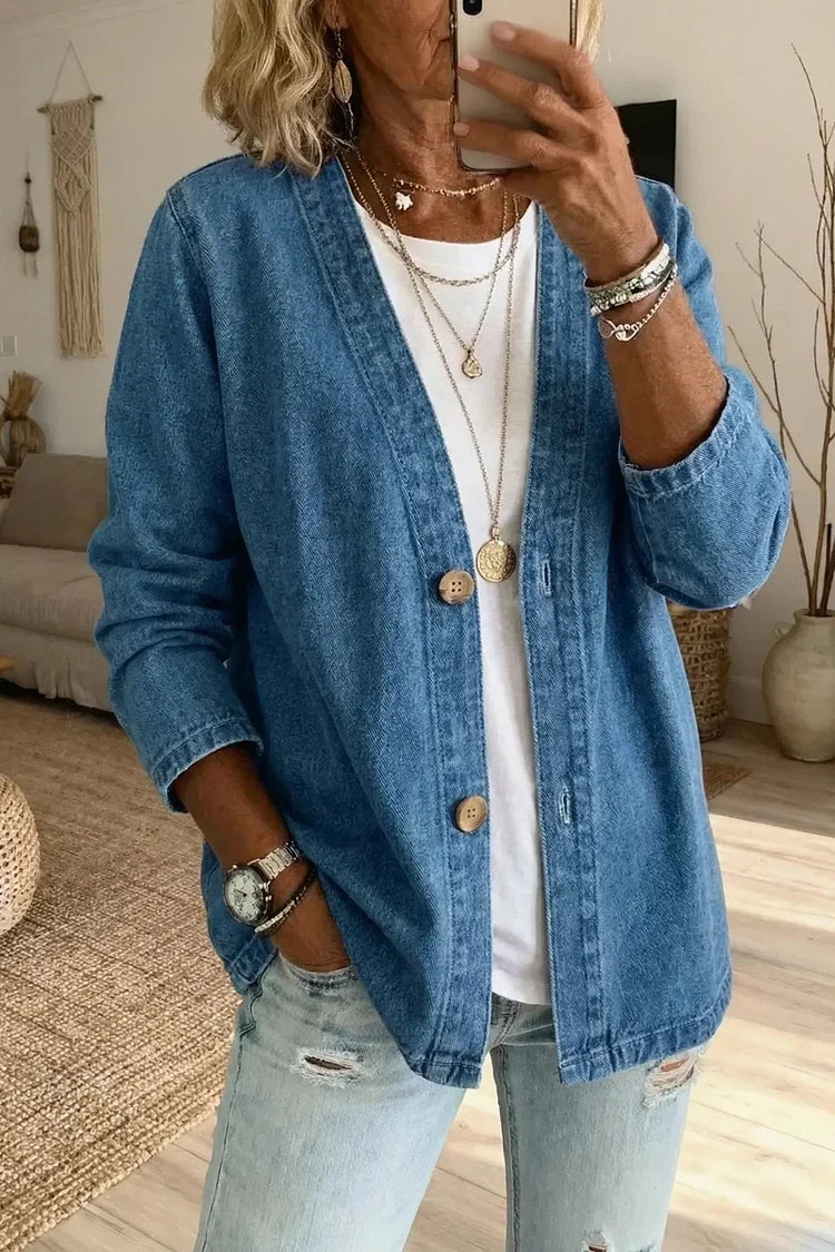 Effortless Washed Denim Cardigan for Women with Open Front Long Sleeve Button Relaxed Style