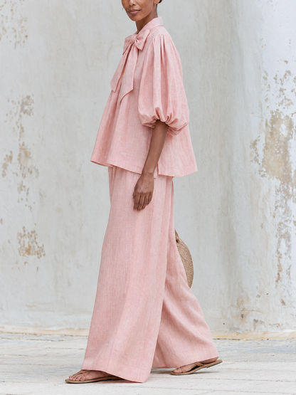 Elegant Pink Linen Pants for Women with Tie Neck Balloon Sleeve Wide Leg Relaxed Style