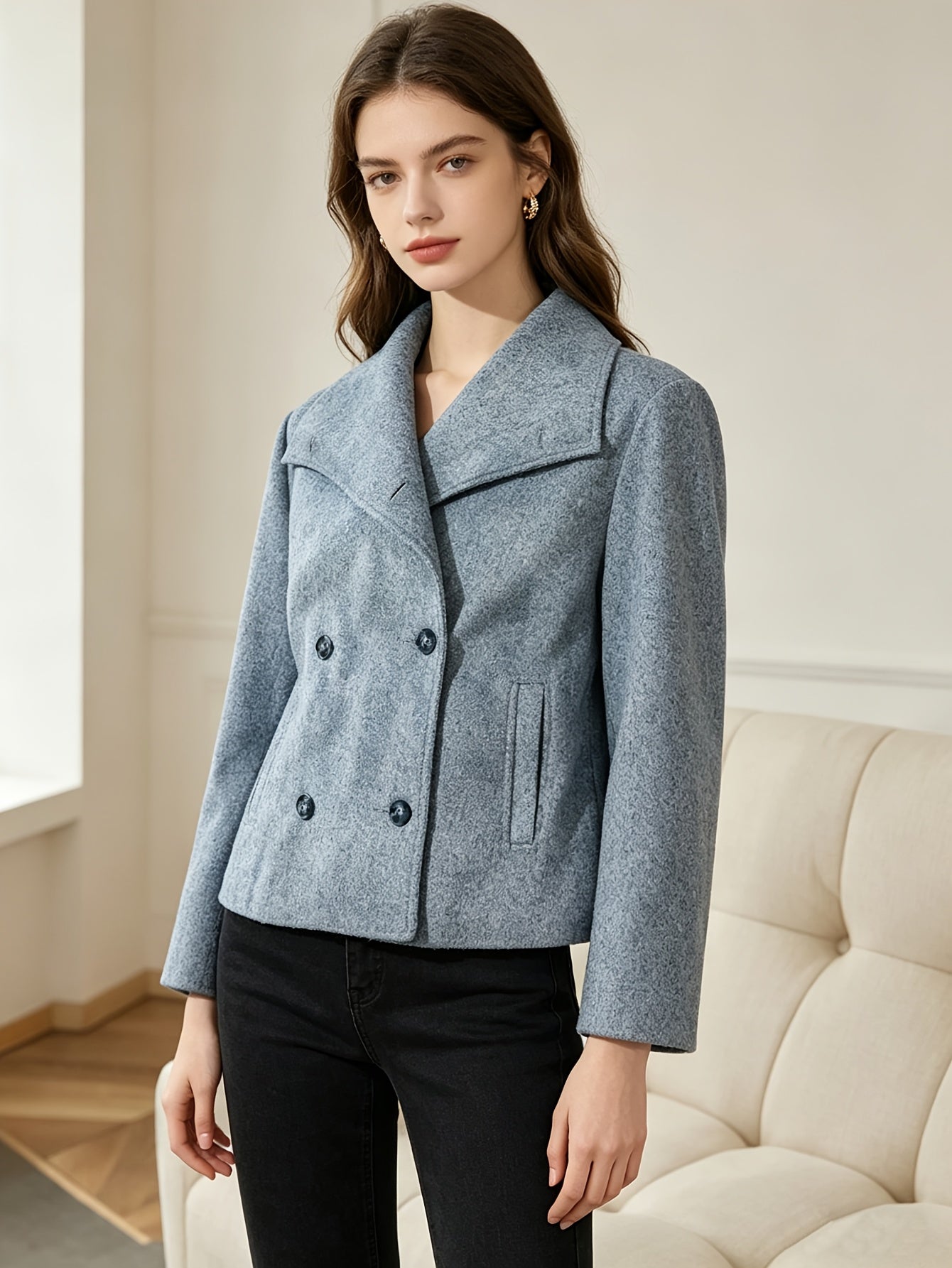 Elegant Wool Pea Coat for Women with Notch Lapel Long Sleeve Double Breasted Cropped Style