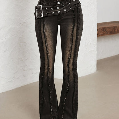 Effortless Distressed Denim Buckle Jeans for Women with Low Rise Grommet Waist Flare Frayed Hem Style