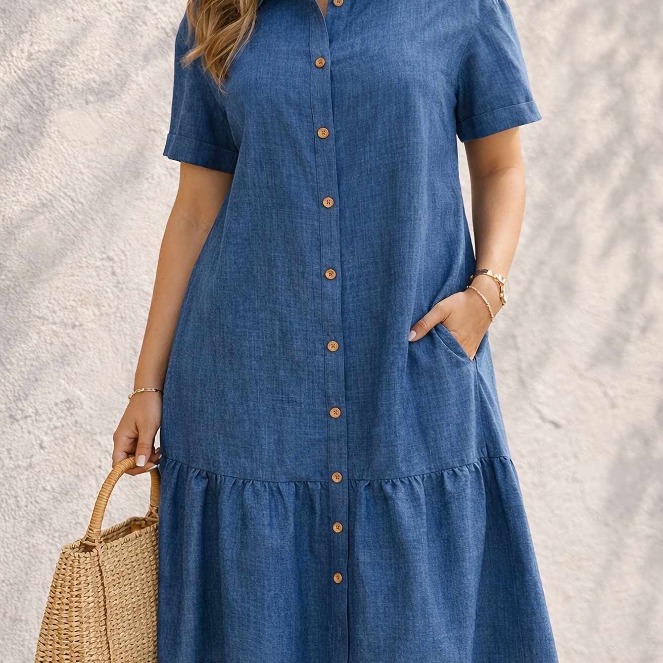 Effortless Blue Denim Dress for Women with Collar Short Sleeve Button Front Tiered Casual Style