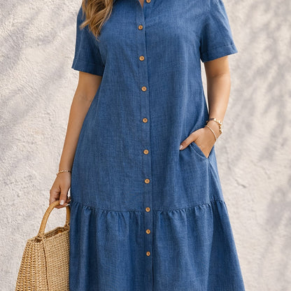 Effortless Blue Denim Dress for Women with Collar Short Sleeve Button Front Tiered Casual Style