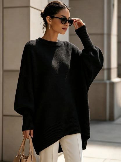 Comfortable Apricot Knit Fall Oversized Sweater for Women with Crew Neck Batwing Sleeve Ribbed Hem Relaxed Style