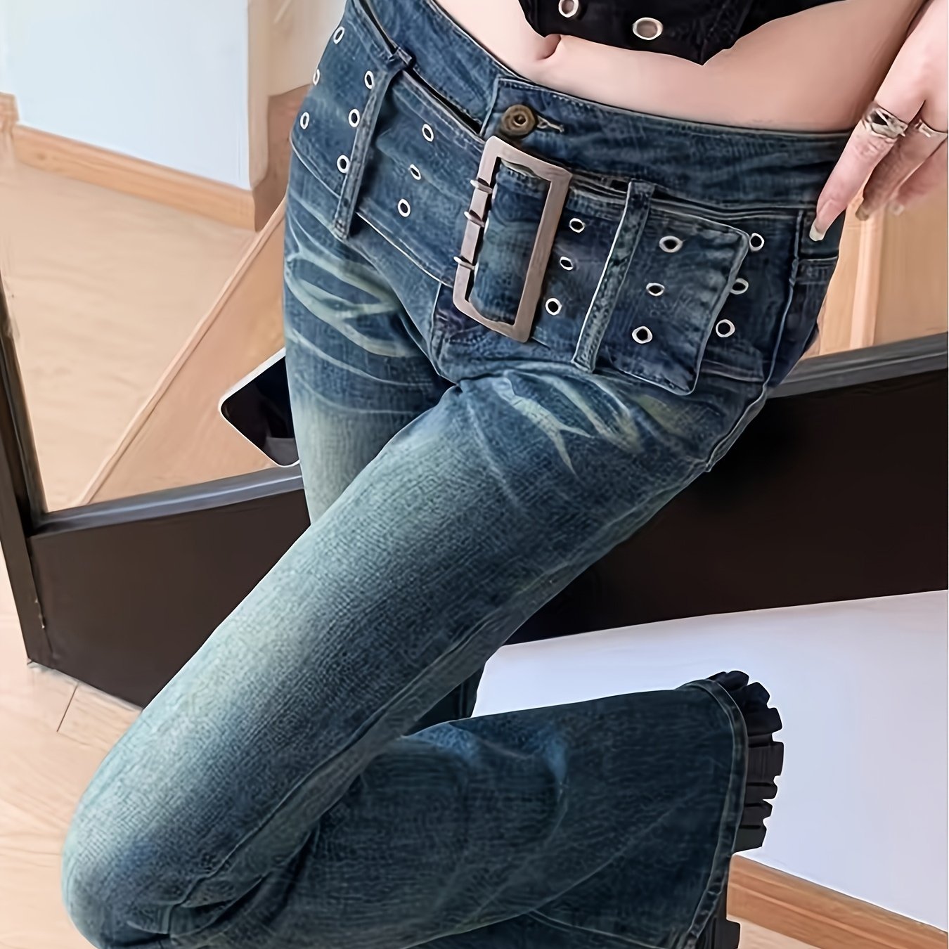 Effortless Blue Distressed Flare Jeans for Women with Grommet Belt Low Rise Whiskered Streetwear Style