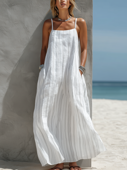 Effortless White Dresses for Women with Spaghetti Strap Square Neck Striped Linen Loose Casual Maxi Style