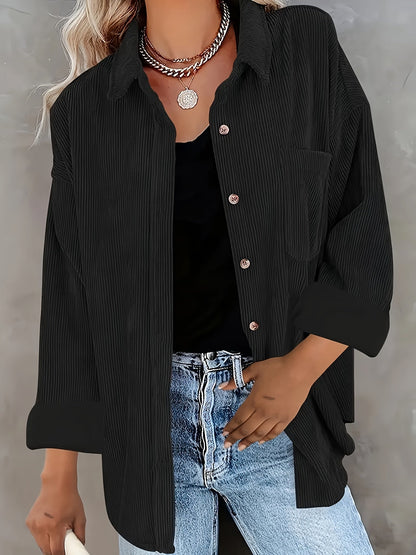 Effortless Corduroy Long Sleeve Shirt for Women with Collar Button Front Oversized Relaxed Casual Style