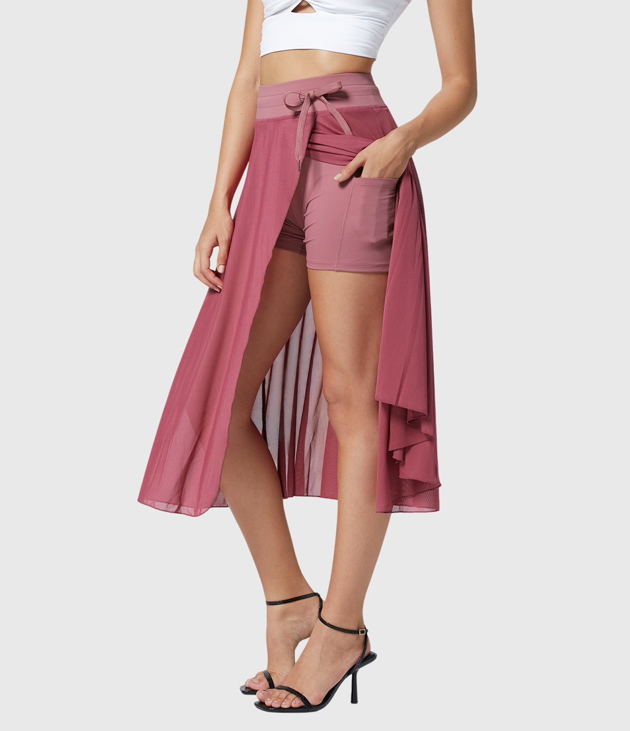 Effortless Sage Green Mesh Skirt for Women with High Waist Drawstring A Line Flowy Style