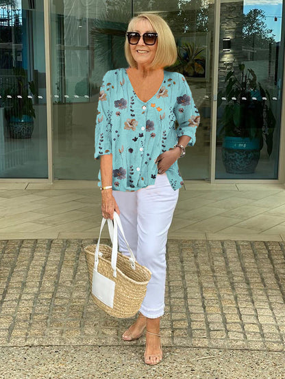 Effortless Floral Print Tunic for Women with V Neck Elbow Sleeve Button Front Relaxed Style