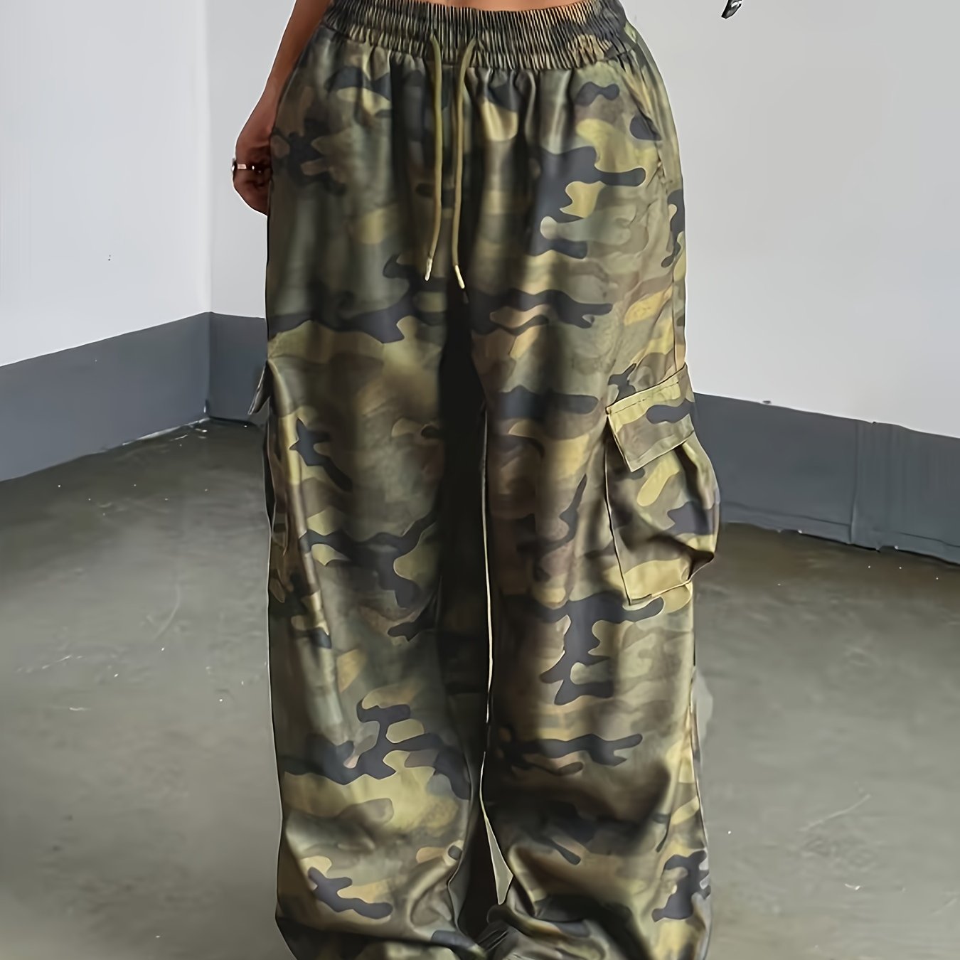 Effortless Camo Pants for Women with High Waist Drawstring Cargo Pocket Wide Leg Relaxed Style