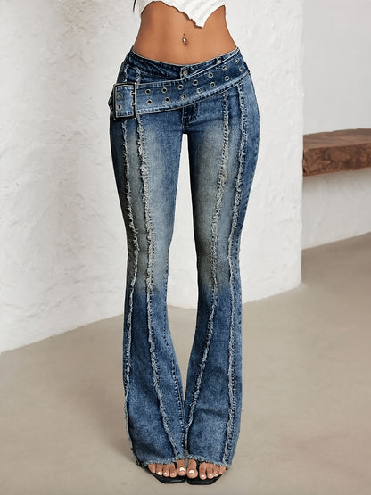 Effortless Distressed Denim Buckle Jeans for Women with Low Rise Grommet Waist Flare Frayed Hem Style