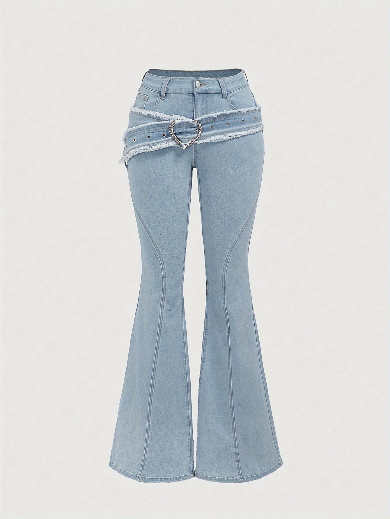 Elegant Light Blue Denim Flare Jeans for Women with Heart Buckle Frayed Belt Western Style