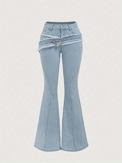 Elegant Light Blue Denim Flare Jeans for Women with Heart Buckle Frayed Belt Western Style
