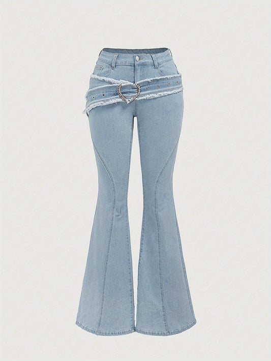Elegant Light Blue Denim Buckle Jeans for Women with Heart Buckle Frayed Belt Western Style