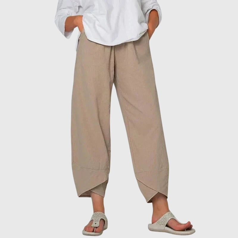 Effortless Navy Linen Tapered Pants for Women with High Waist Drawstring Cropped Relaxed Casual Style