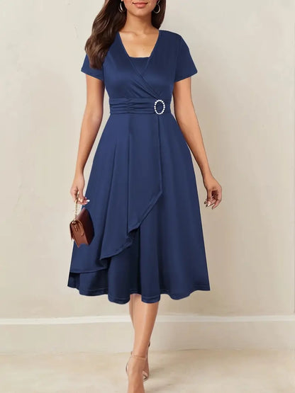 Elegant Ruched Cocktail Dress for Women with Surplice Neck Short Sleeve Asymmetrical Ruffle Hem Formal Wedding Guest Style