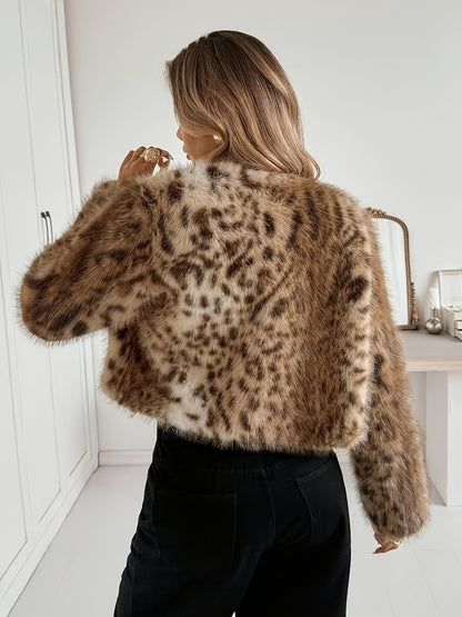 Chic Leopard Print Flurry Coat for Women with Round Neck Cropped Faux Fur Plush Warm Winter Style