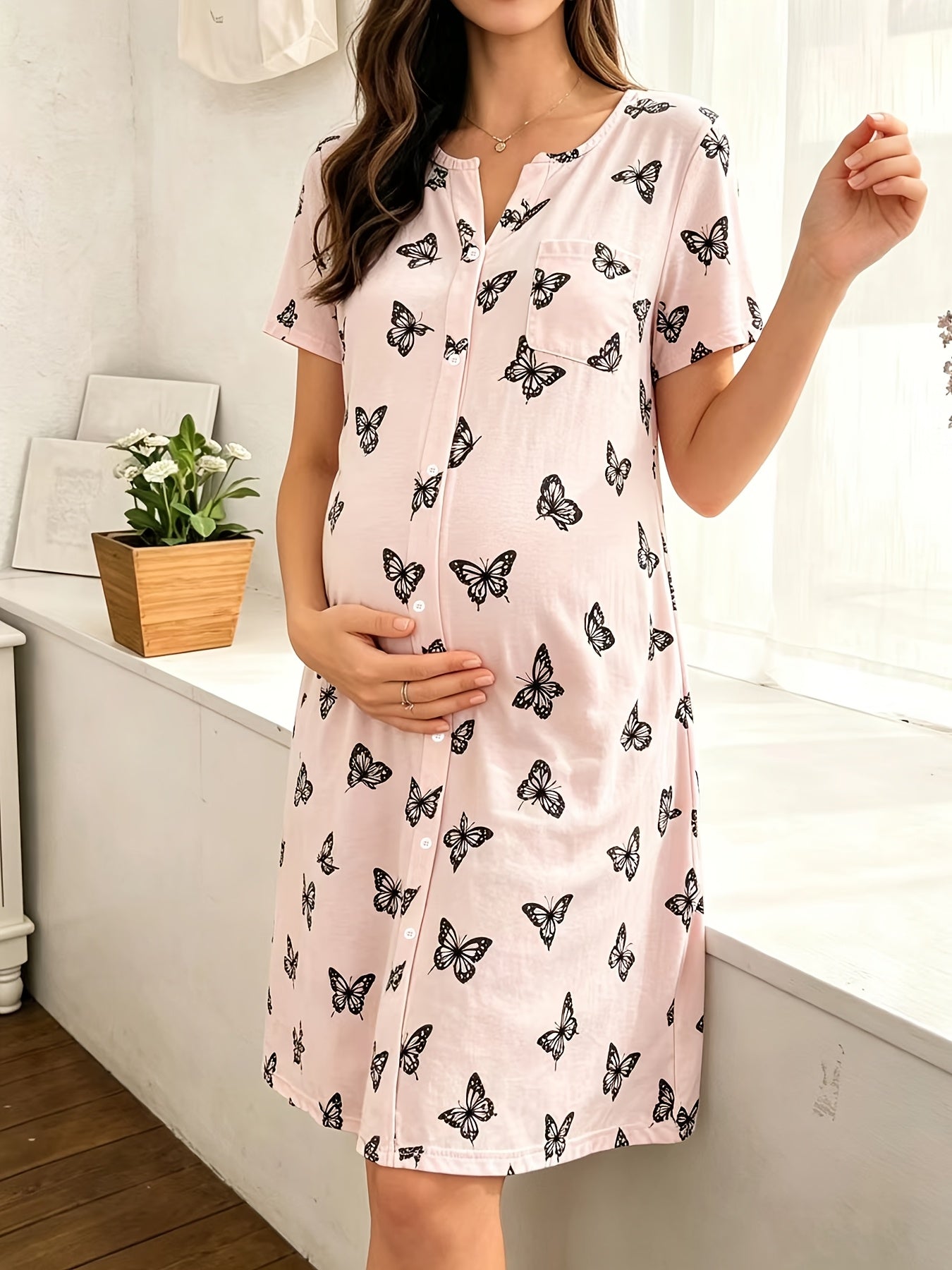 Comfortable Printed Maternity Nightgown for Women with Round Neck Short Sleeve Button Front Relaxed Style