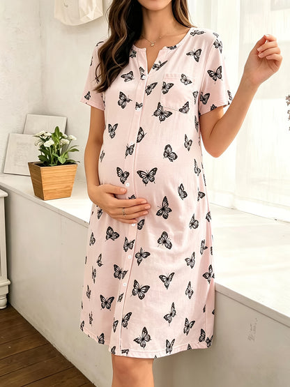 Comfortable Printed Maternity Nightgown for Women with Round Neck Short Sleeve Button Front Relaxed Style