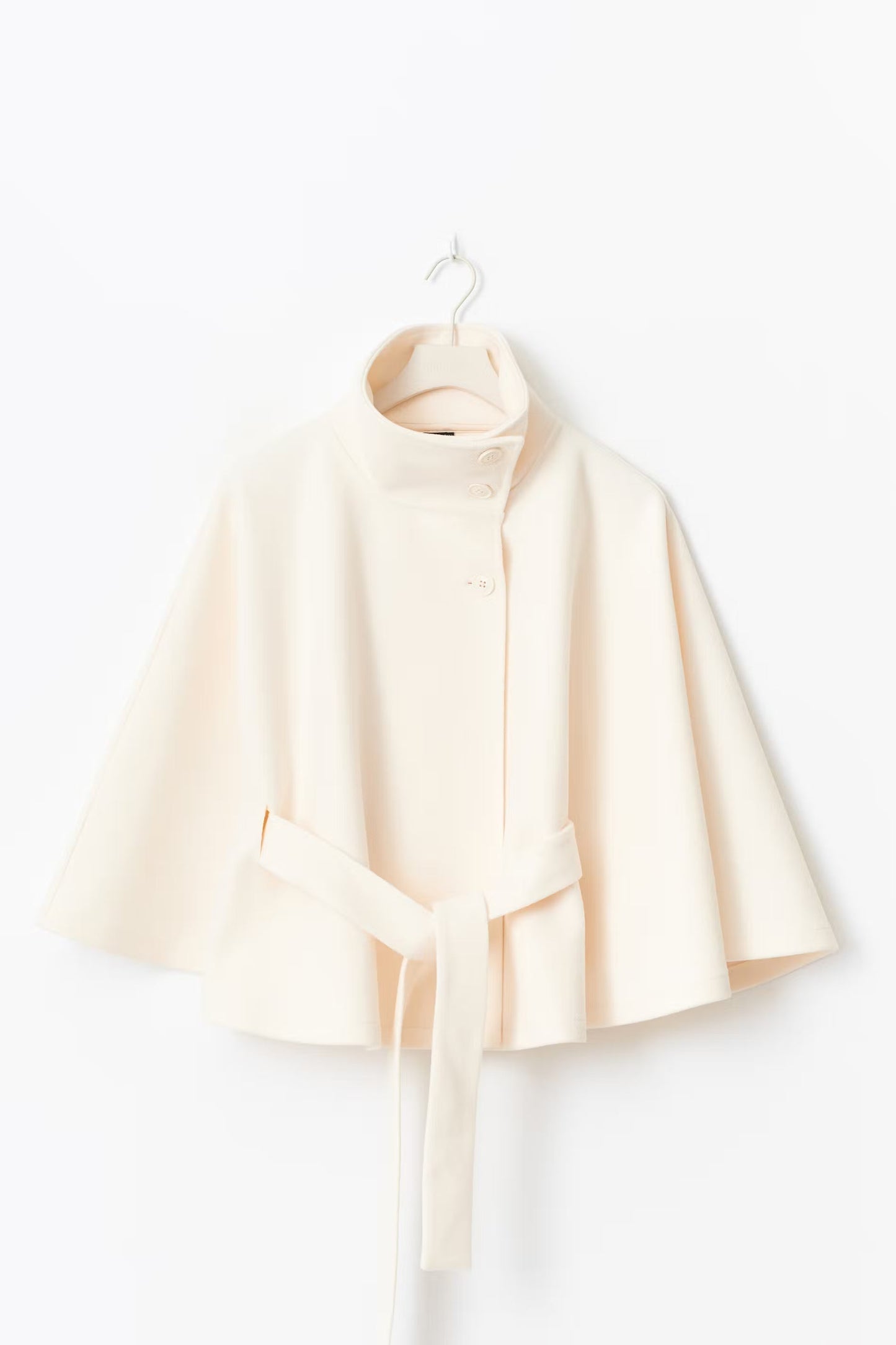 Elegant Cream Wool Winter Coat for Women with Funnel Neck Cape Sleeve Belted Cropped Style