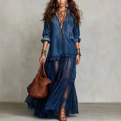 Effortless Maxi Dress for Women with Button-Front Shirt Collar Sheer Tiered Skirt
