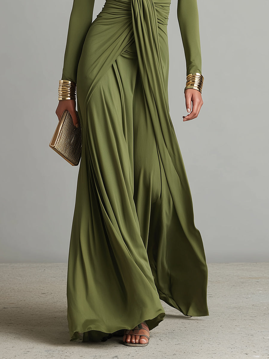 Elegant Green Dress for Women with Deep V Neck Twist Knot Waist Long Sleeve Ruched Formal Wedding Guest Style